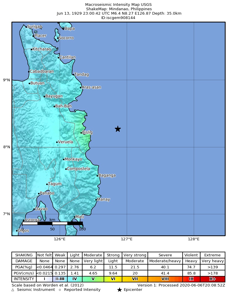 USGS ShakeMap: estimated shaking intensity around the epicenter