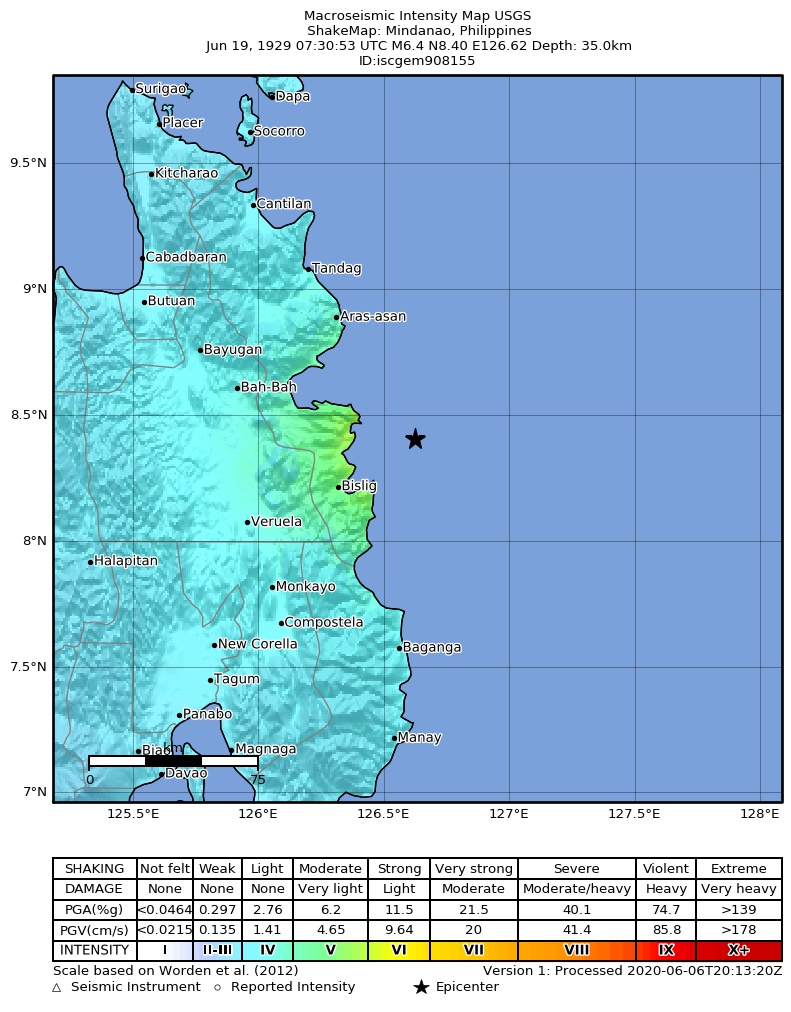 USGS ShakeMap: estimated shaking intensity around the epicenter