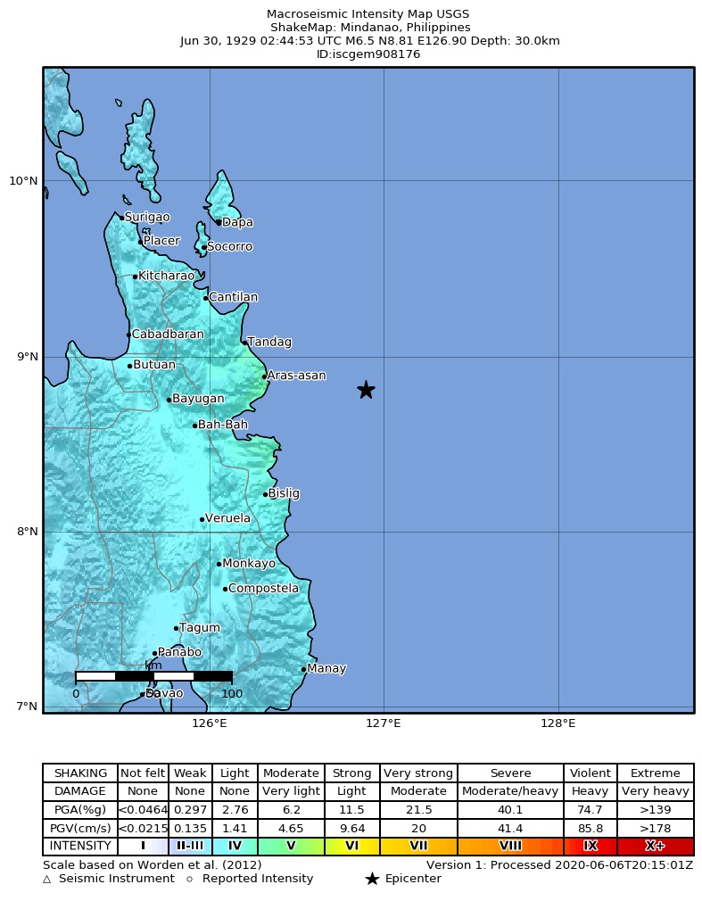 USGS ShakeMap: estimated shaking intensity around the epicenter