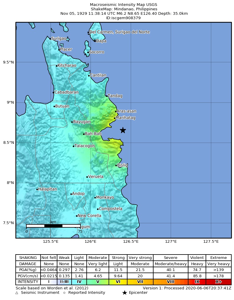 USGS ShakeMap: estimated shaking intensity around the epicenter