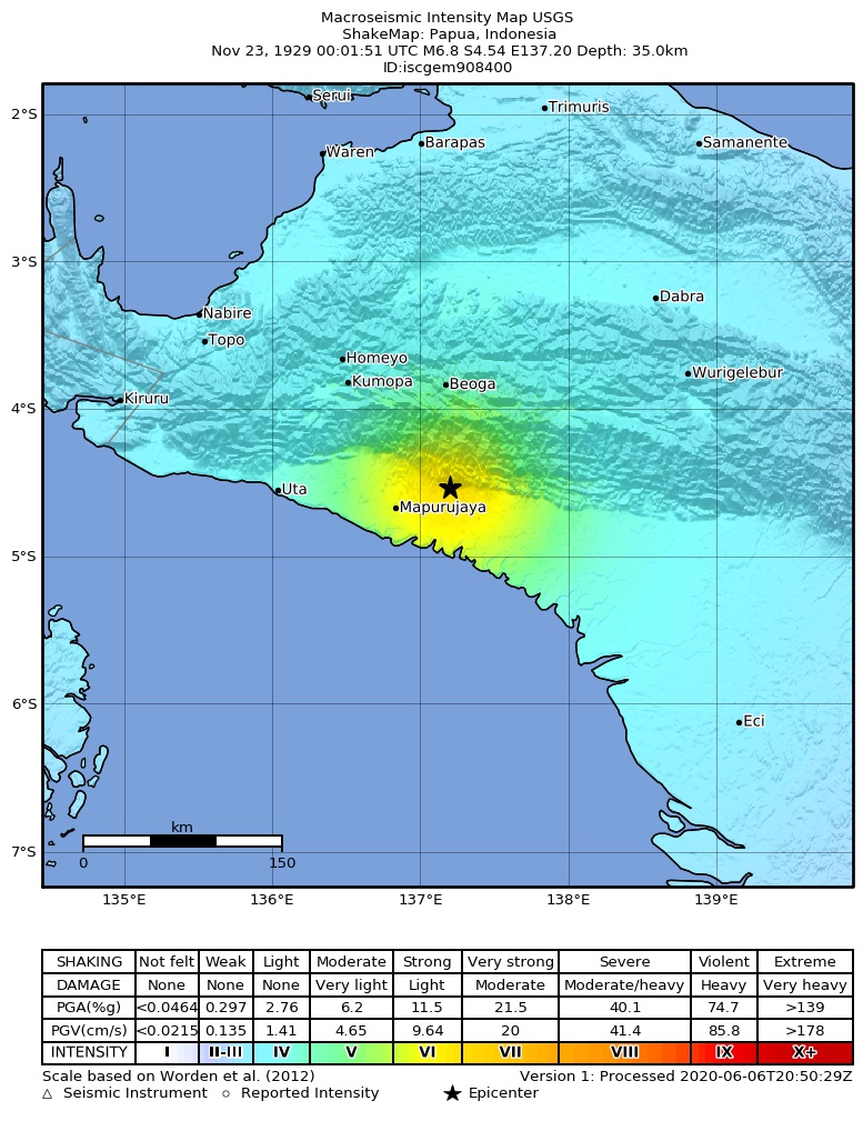 USGS ShakeMap: estimated shaking intensity around the epicenter