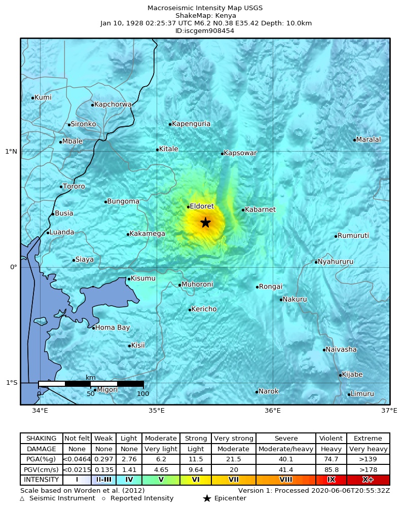 USGS ShakeMap: estimated shaking intensity around the epicenter