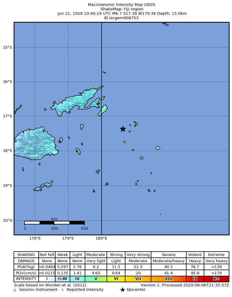 USGS ShakeMap: estimated shaking intensity around the epicenter