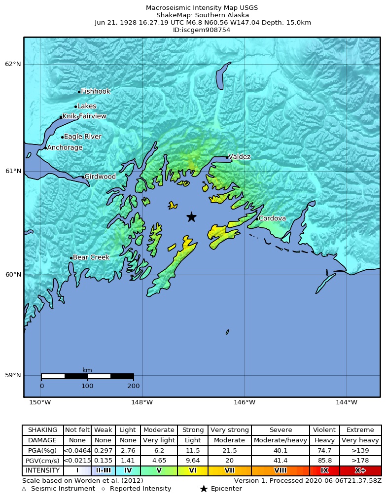 USGS ShakeMap: estimated shaking intensity around the epicenter