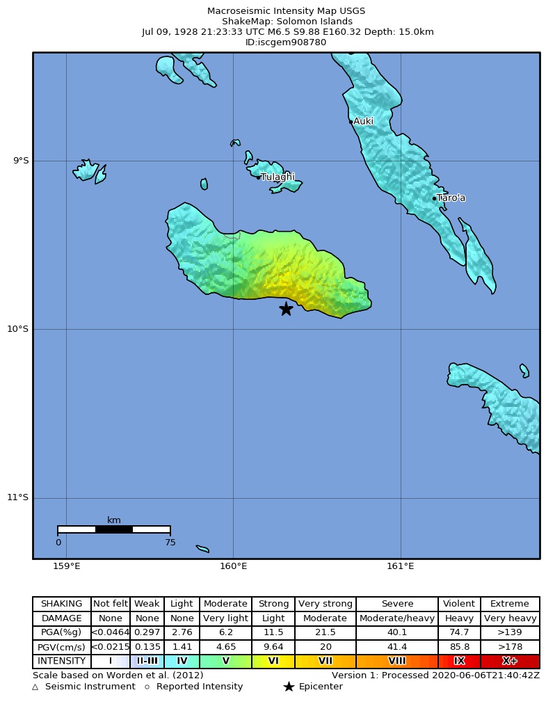 USGS ShakeMap: estimated shaking intensity around the epicenter