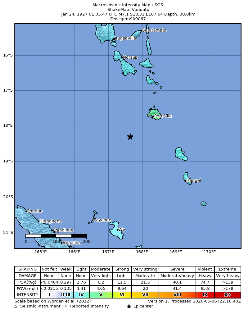 USGS ShakeMap: estimated shaking intensity around the epicenter