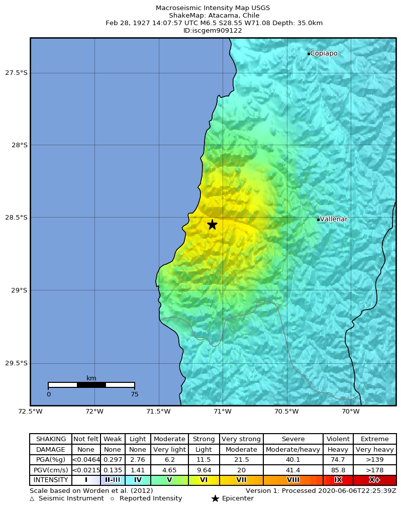 USGS ShakeMap: estimated shaking intensity around the epicenter