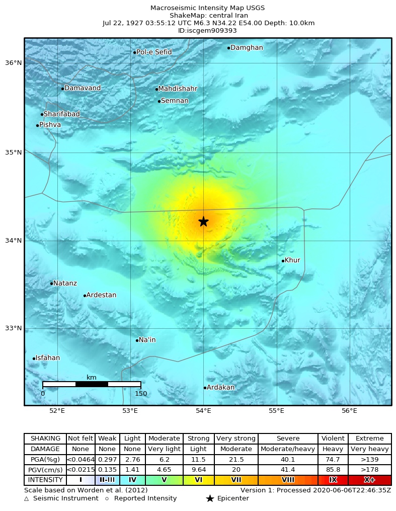 USGS ShakeMap: estimated shaking intensity around the epicenter