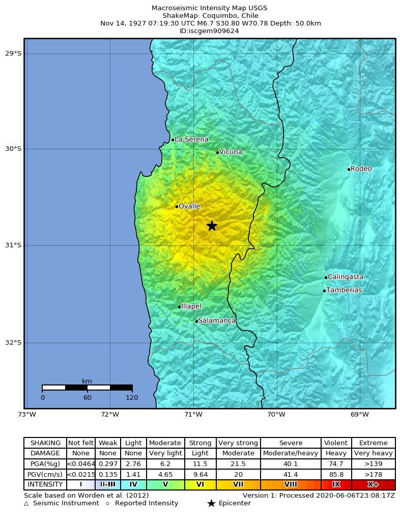 USGS ShakeMap: estimated shaking intensity around the epicenter