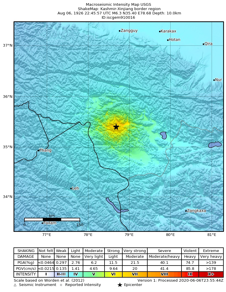 USGS ShakeMap: estimated shaking intensity around the epicenter