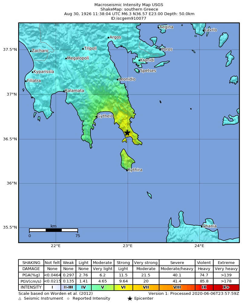USGS ShakeMap: estimated shaking intensity around the epicenter