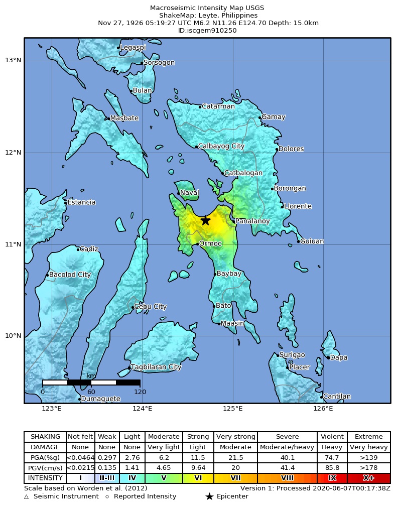 USGS ShakeMap: estimated shaking intensity around the epicenter