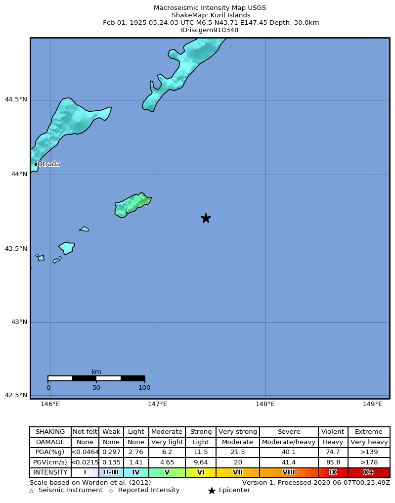 USGS ShakeMap: estimated shaking intensity around the epicenter