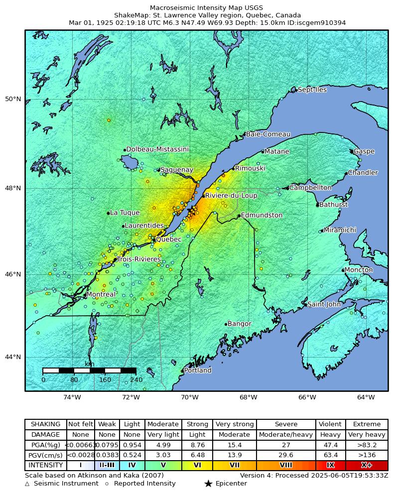 USGS ShakeMap: estimated shaking intensity around the epicenter