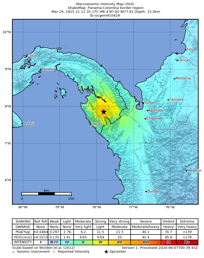 USGS ShakeMap: estimated shaking intensity around the epicenter