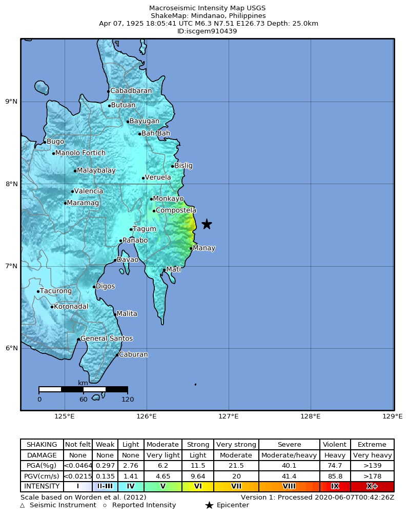 USGS ShakeMap: estimated shaking intensity around the epicenter