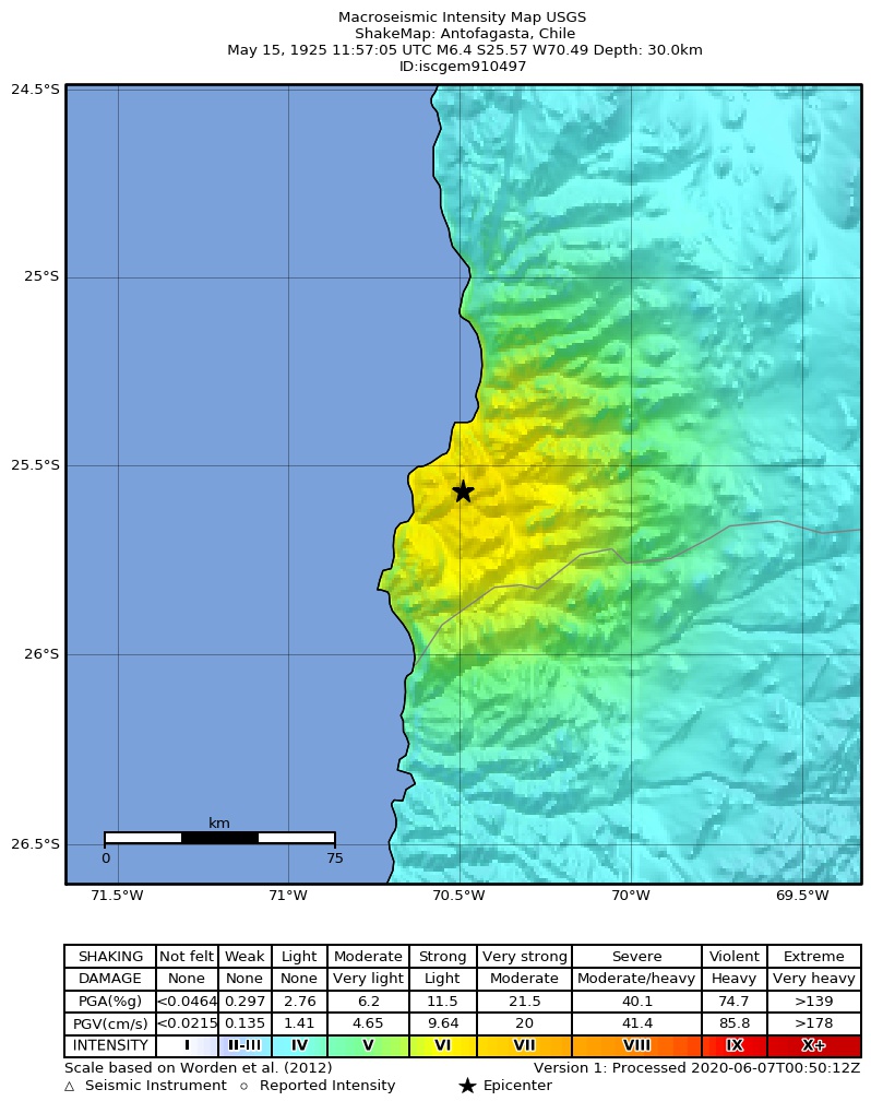 USGS ShakeMap: estimated shaking intensity around the epicenter