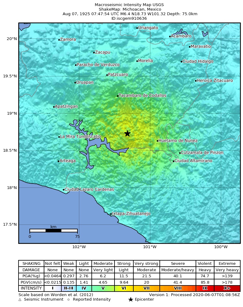 USGS ShakeMap: estimated shaking intensity around the epicenter