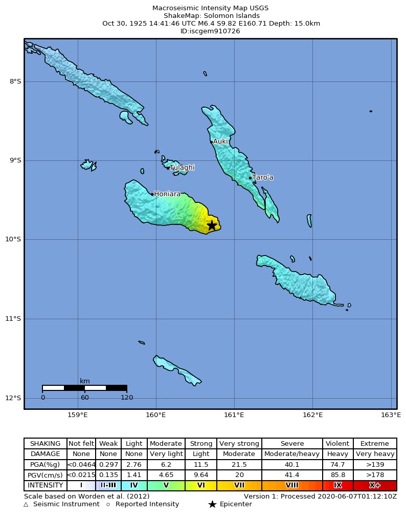 USGS ShakeMap: estimated shaking intensity around the epicenter