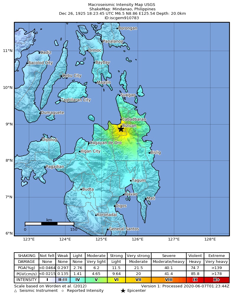 USGS ShakeMap: estimated shaking intensity around the epicenter