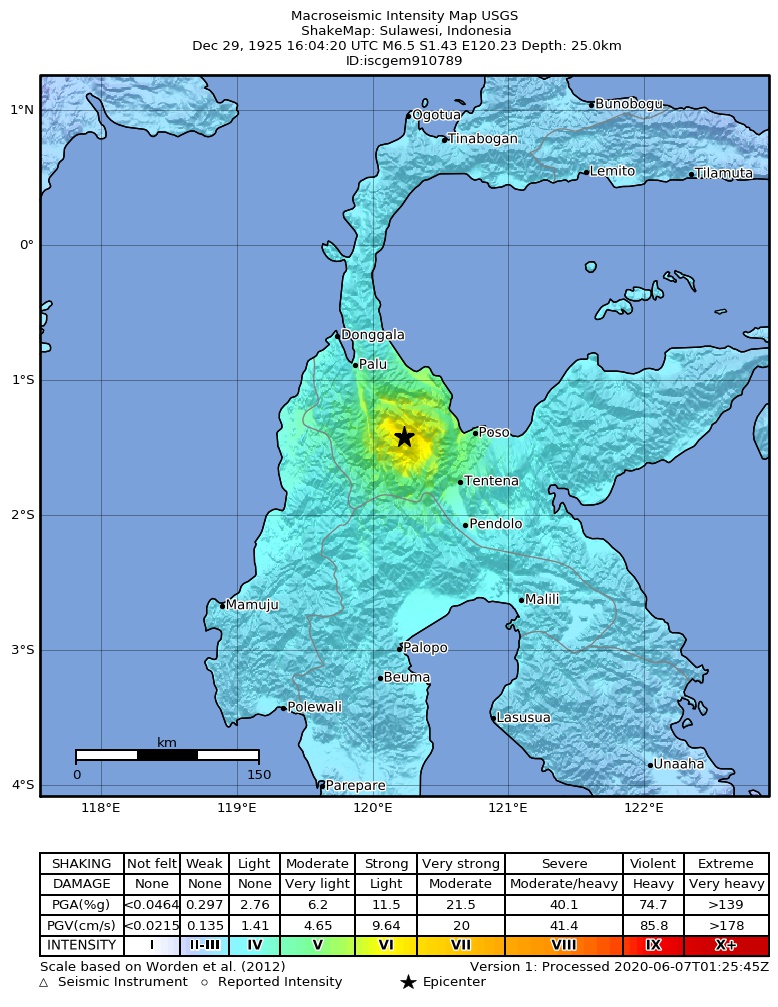 USGS ShakeMap: estimated shaking intensity around the epicenter