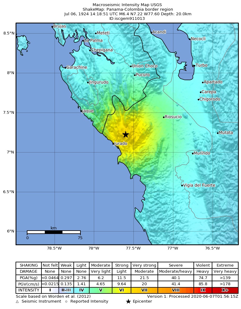 USGS ShakeMap: estimated shaking intensity around the epicenter