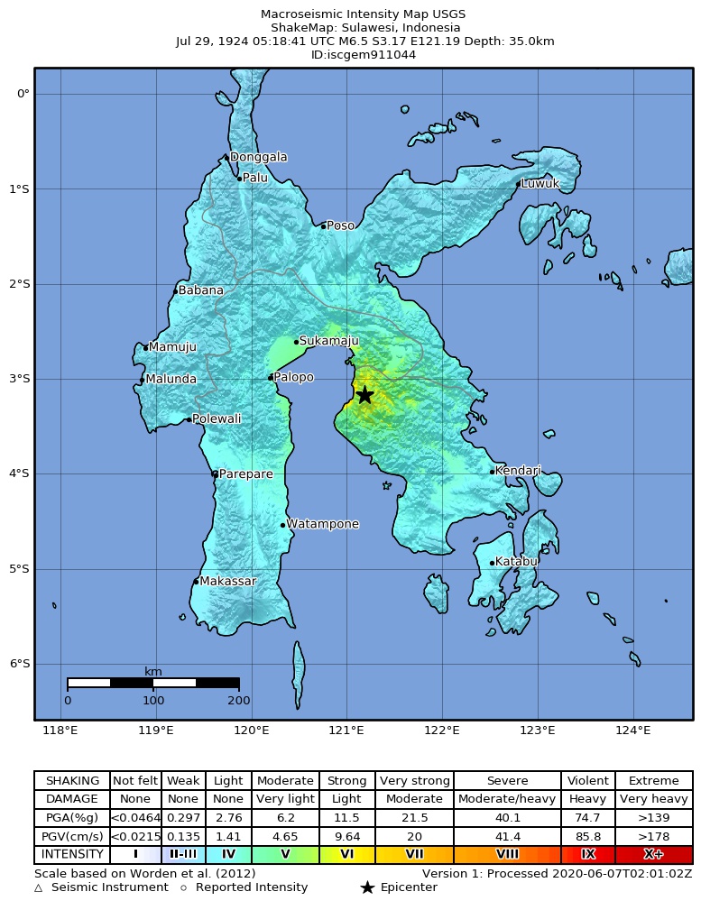 USGS ShakeMap: estimated shaking intensity around the epicenter