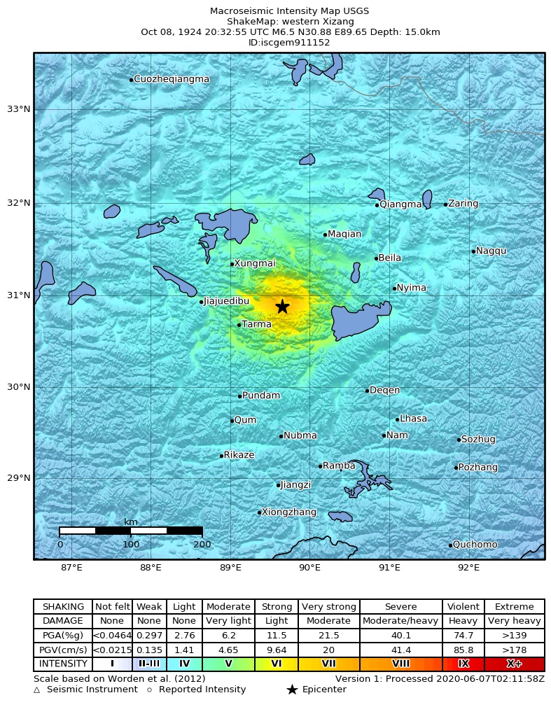 USGS ShakeMap: estimated shaking intensity around the epicenter