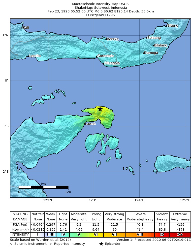 USGS ShakeMap: estimated shaking intensity around the epicenter