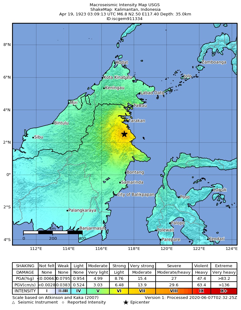 USGS ShakeMap: estimated shaking intensity around the epicenter