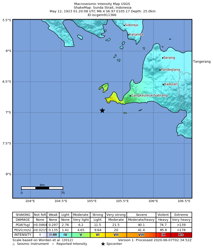 USGS ShakeMap: estimated shaking intensity around the epicenter