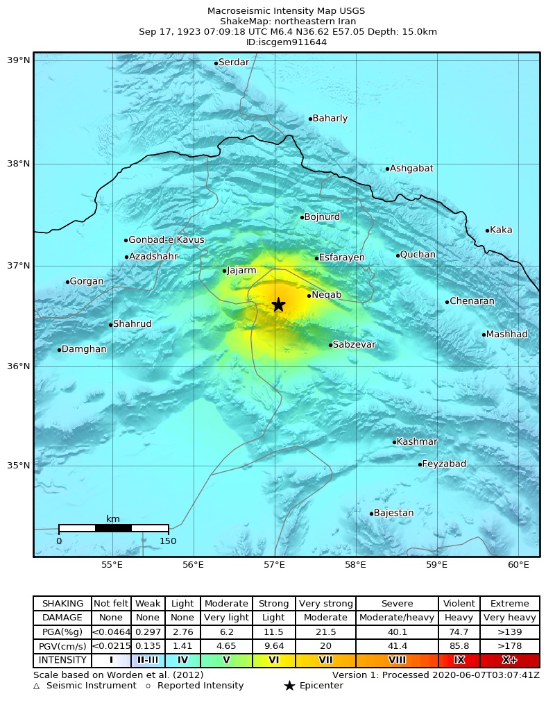 USGS ShakeMap: estimated shaking intensity around the epicenter