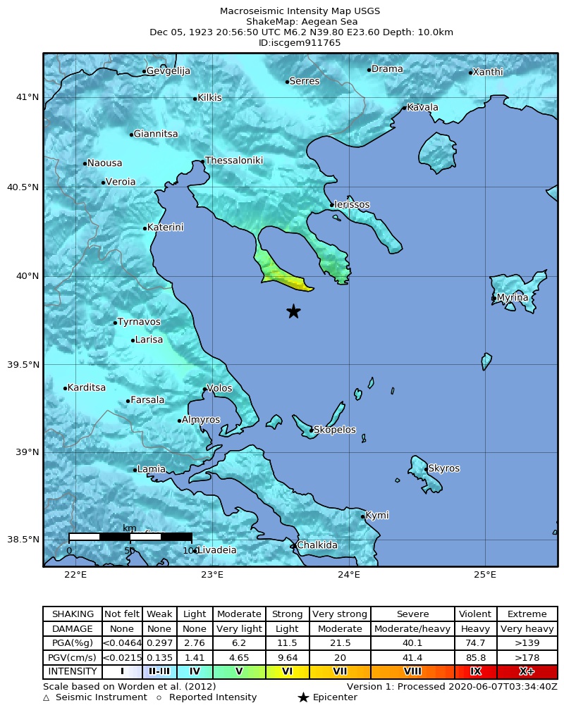 USGS ShakeMap: estimated shaking intensity around the epicenter