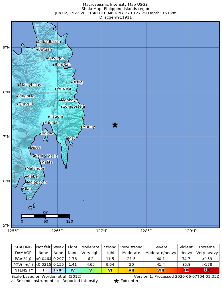 USGS ShakeMap: estimated shaking intensity around the epicenter