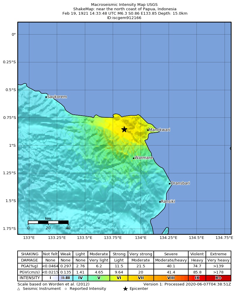 USGS ShakeMap: estimated shaking intensity around the epicenter