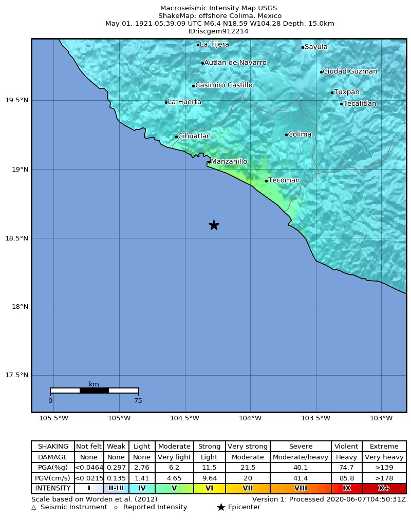 USGS ShakeMap: estimated shaking intensity around the epicenter