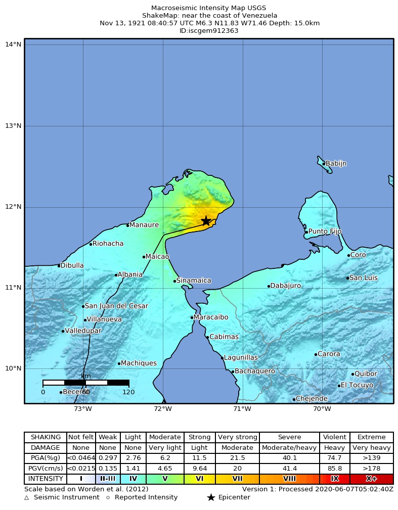 USGS ShakeMap: estimated shaking intensity around the epicenter