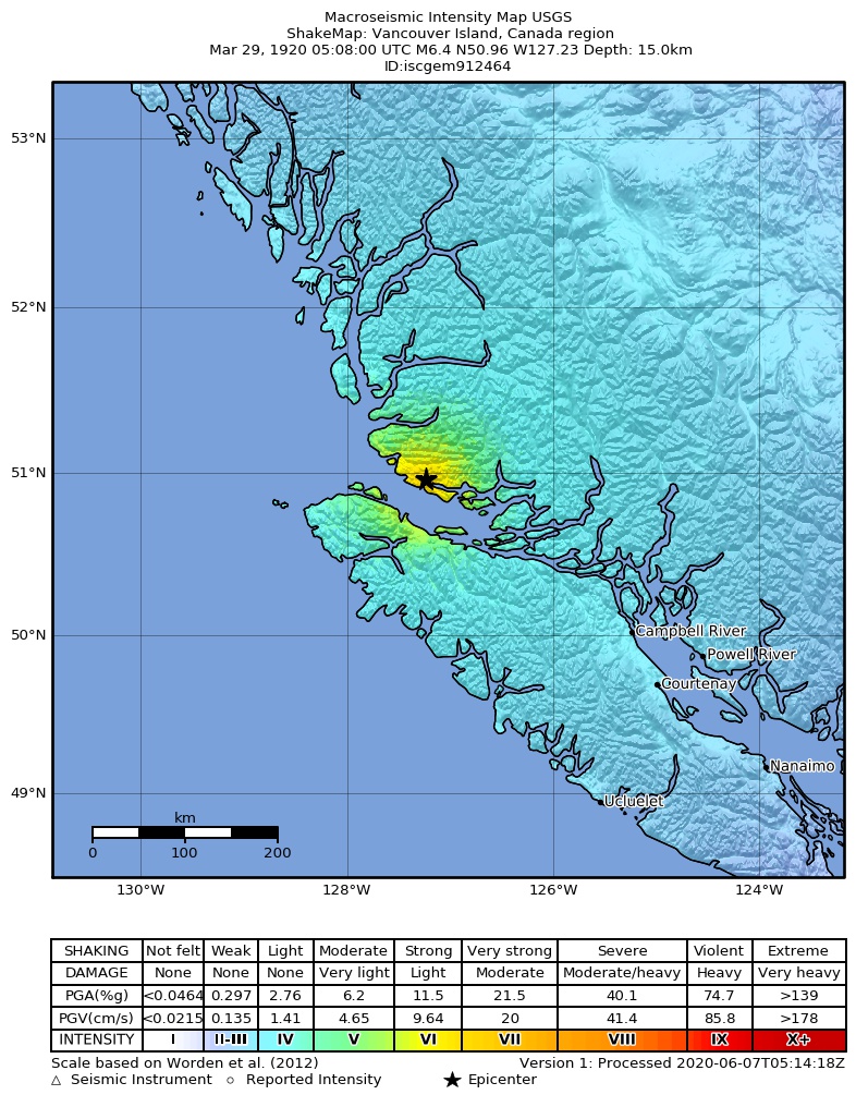 USGS ShakeMap: estimated shaking intensity around the epicenter