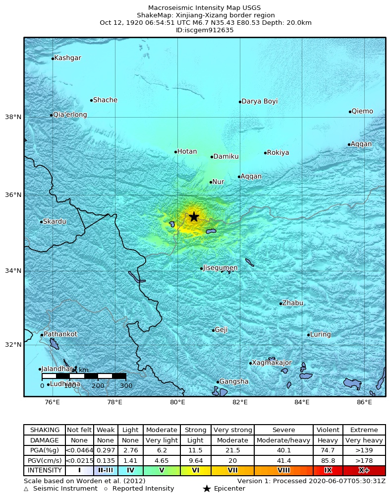 USGS ShakeMap: estimated shaking intensity around the epicenter