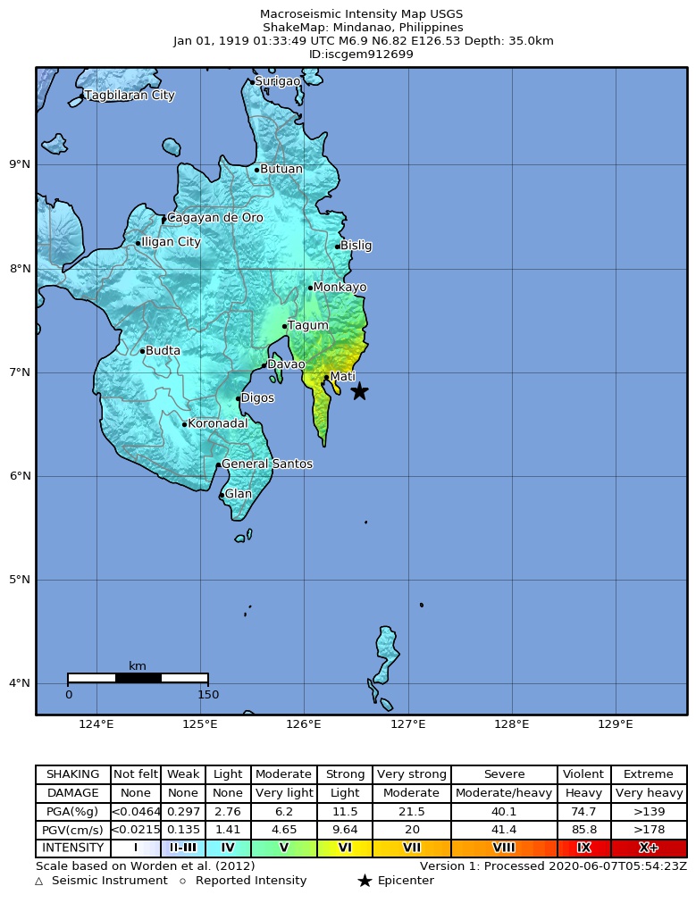 USGS ShakeMap: estimated shaking intensity around the epicenter