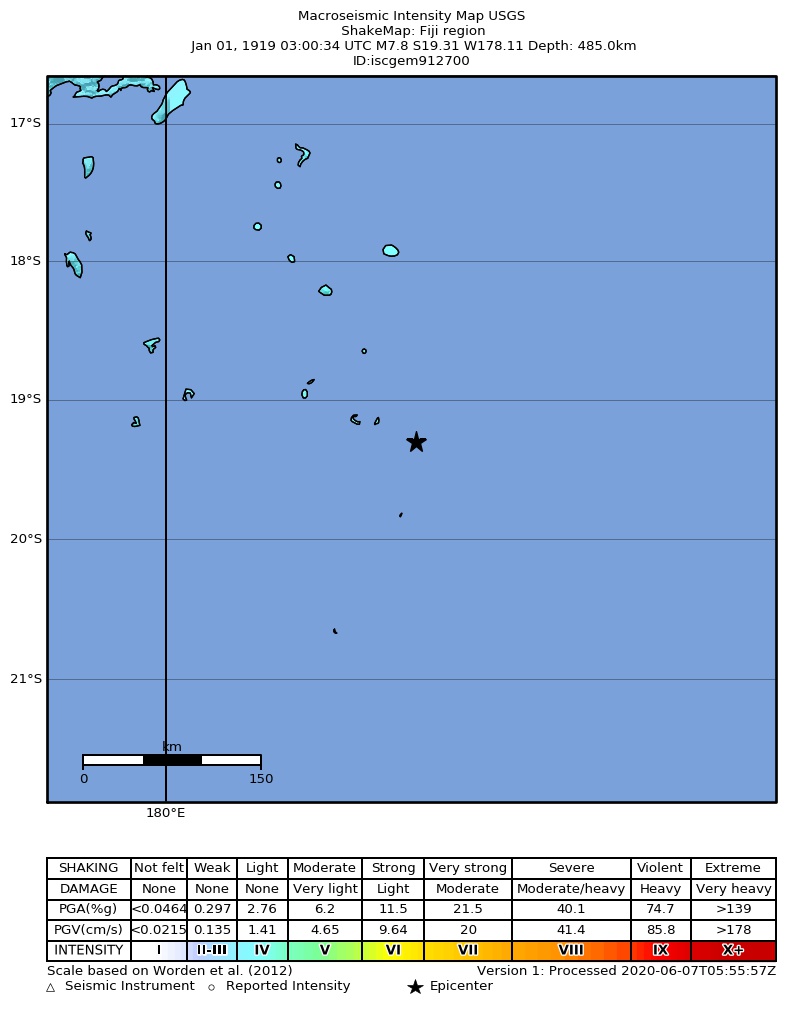 USGS ShakeMap: estimated shaking intensity around the epicenter