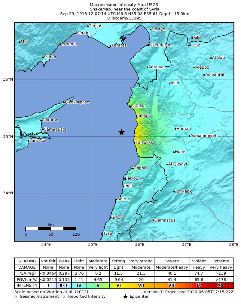 USGS ShakeMap: estimated shaking intensity around the epicenter
