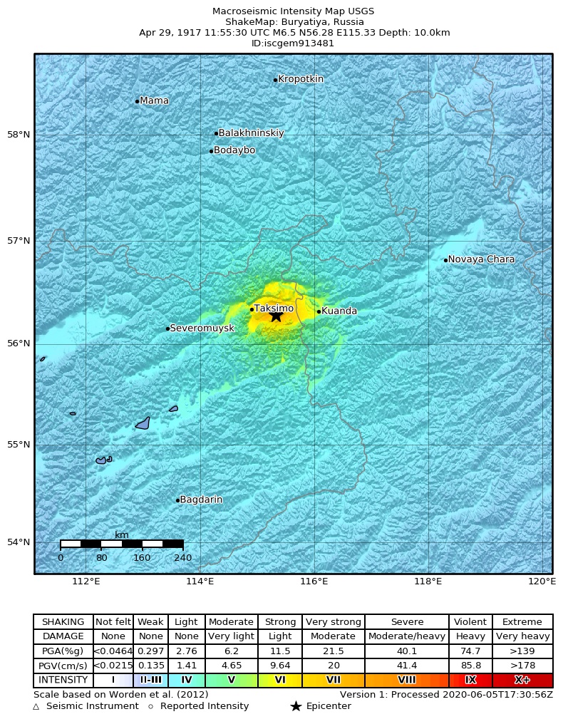 USGS ShakeMap: estimated shaking intensity around the epicenter