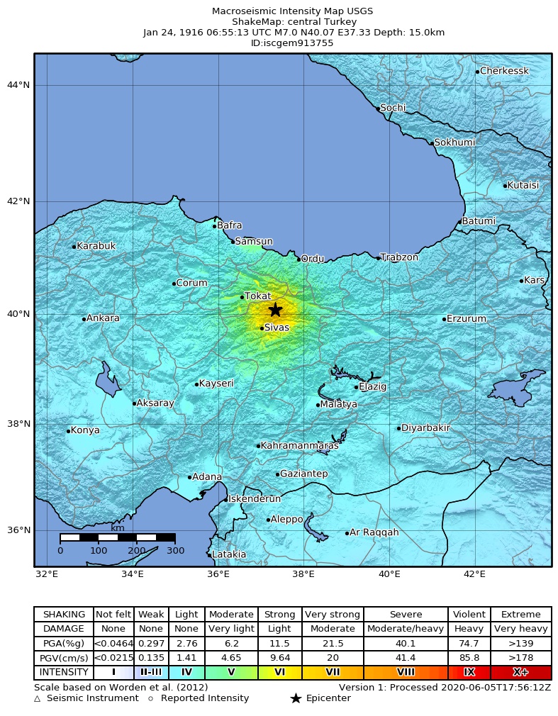 USGS ShakeMap: estimated shaking intensity around the epicenter
