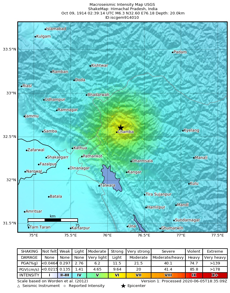 USGS ShakeMap: estimated shaking intensity around the epicenter