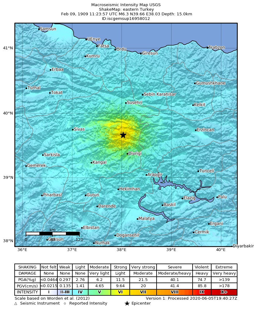 USGS ShakeMap: estimated shaking intensity around the epicenter