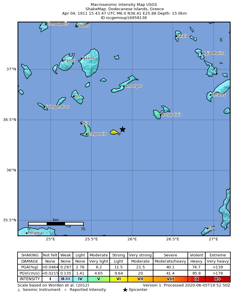 USGS ShakeMap: estimated shaking intensity around the epicenter