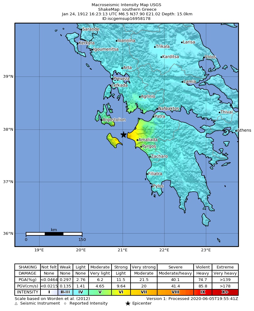 USGS ShakeMap: estimated shaking intensity around the epicenter