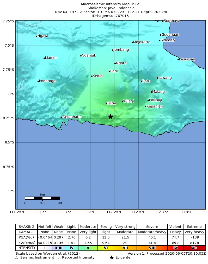 USGS ShakeMap: estimated shaking intensity around the epicenter