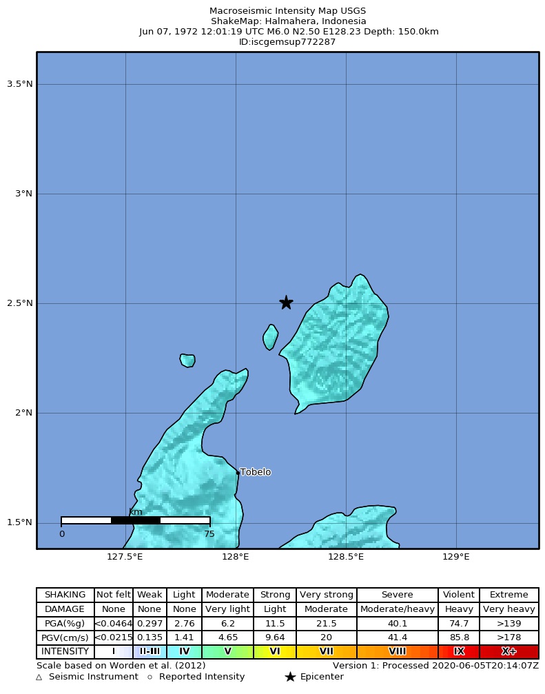 USGS ShakeMap: estimated shaking intensity around the epicenter